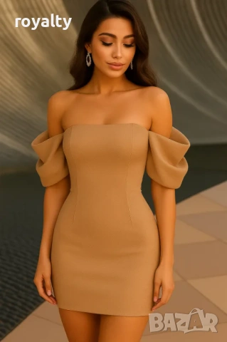 Дамска къса бежова рокля с паднали ръкави 