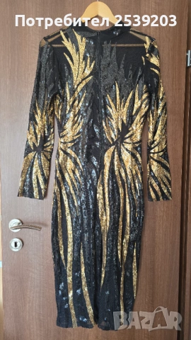 Нова дамска рокля с паети в черно и злато М-Л, снимка 15 - Рокли - 53909874