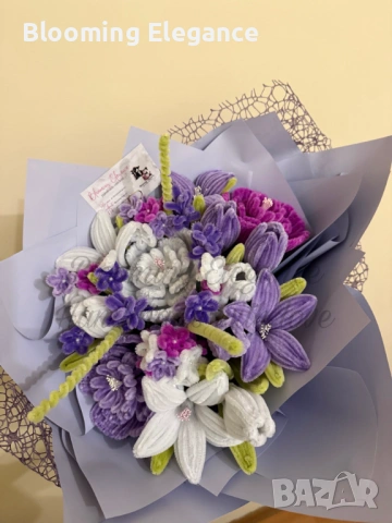 Голям вечен букет в лилаво от плюшена тел