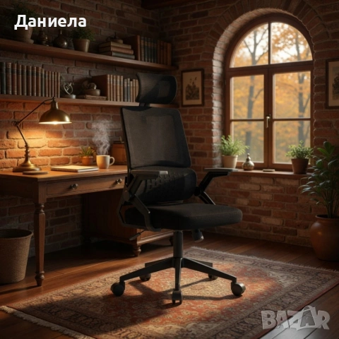 Ергономичен офис стол с лумбална опора – Черен, до 250 кг, регулируем, снимка 2 - Столове - 54286699
