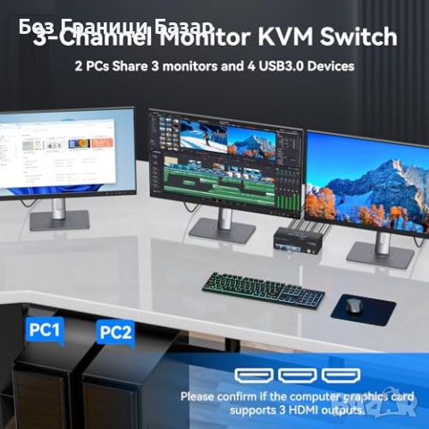 Нов KVM Switch 4K 60Hz 3 HDMI монитора 2 компютъра USB 3.0 - 5Gbps, снимка 3 - Друга електроника - 45511273