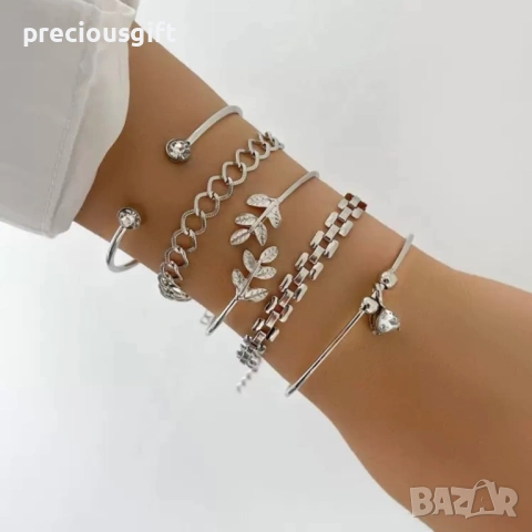 Комплект бижута - 5 броя гривни, налични в цвят злато и сребро, снимка 2 - Гривни - 53083802