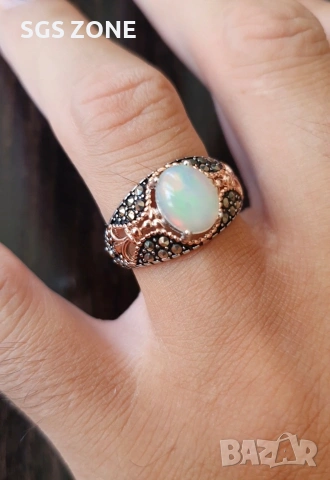 Мъжки сребърен пръстен с бял опал и марказит, снимка 4 - Пръстени - 53370220