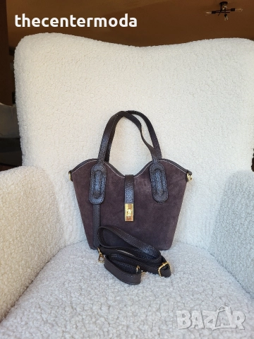 Чанта ,естествен велур в тъмно кафяво , снимка 3 - Чанти - 52746241