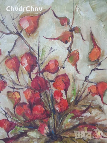 70х40см/стара голяма картина масло върху платно/натюрморт ваза с цветя/китайски фенери/дървена рамка, снимка 3 - Картини - 51192515