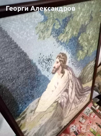 Иисус в Гетсиманската градина Стар РЪЧНО УШИТ ГОБЛЕН 49/37см в Дървена рамка със Стъкло, снимка 2 - Гоблени - 53940503