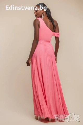 Дамска официална рокля GODDIVA в цвят корал с едно рамо и ефирна долна част от шифон, снимка 2 - Рокли - 53160979