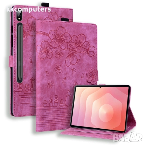 Samsung Galaxy Tab S11 Ultra-Кожен калъф с Протектор, Дизайн Цветя & Котка, Стойка и Държач за писал, снимка 2 - Калъфи, кейсове - 52088632