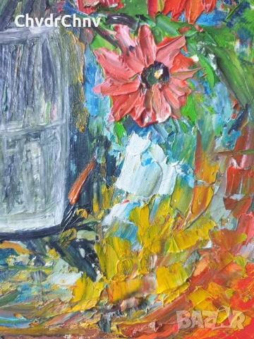 Деница Гарелова 30x24см/малка българска картина масло върху платно-картон/натюрморт-цветя/без рамка, снимка 3 - Картини - 51160635