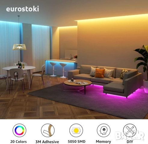 Lepro Самозалепваща се RGB LED лента 20 м (2 x 10 метра), 5050 SMD 600 бр, 12 V, с 44 бутона дистанц, снимка 4 - Лед осветление - 51840637
