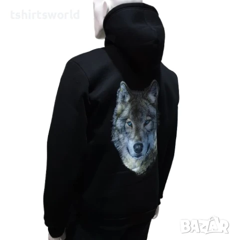 Нов мъжки суичър с ЦИП и трансферен печат Вълк със сини очи, Серия Вълци, снимка 5 - Суичъри - 30906889