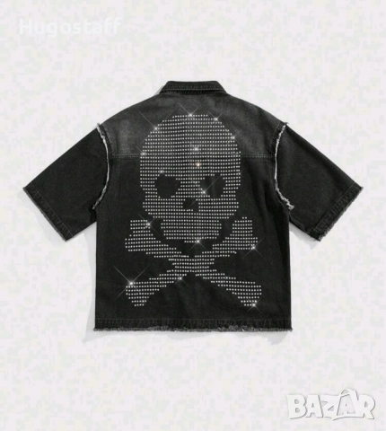 Нова мъжка черна дънкова риза яке Skull череп овърсайз Хл/2Хл, снимка 2 - Ризи - 52462689