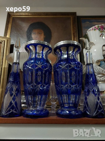  Прекрасни кристални бутилки за ликьор със сребърни гривни''Бохемия кристал-1900 год.сребро 800, снимка 10 - Сервизи - 52815053