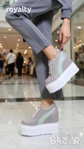 Кецове на платформа - сиви със зелена лента, снимка 3 - Кецове - 54028868