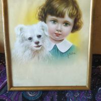 стара репродукция ,, Момиче с куче ", снимка 1 - Картини - 45574488