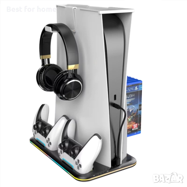 Охлаждаща стойка за Playstation 5 RGB с докинг станция за зареждане с два контролера , снимка 1