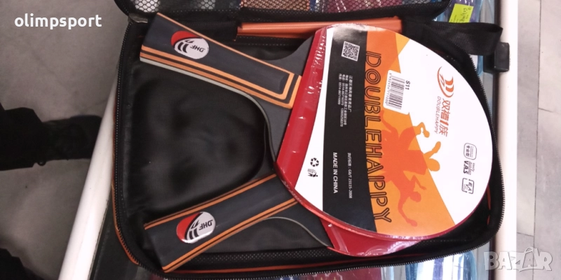 хилки за тенис на маса комплект Дабъл Хепи нападателни гуми 2.0мм гладки с фл дръжка 3 топчета калъф, снимка 1