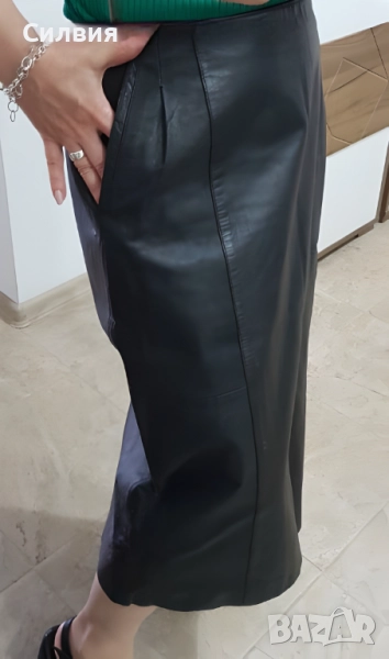 Дълга кожена пола телешка истинска естествена кожа 42 номер M-L размер, снимка 1