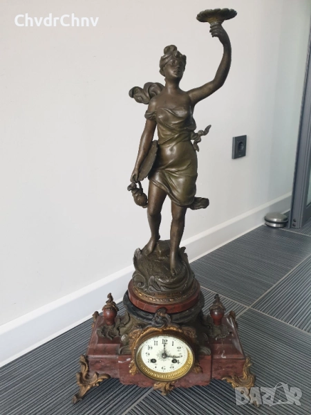 Франция 1800-те/64см-10кг стар френски каминен часовник/метална ЦАМ фигура-бронз-мрамор, снимка 1