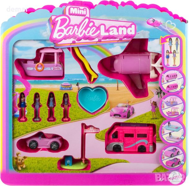 Barbie Mini BarbieLand Комплект 4 кукли 4см и 4 играчки превозно средство, променящи цвета си, JDB85, снимка 1