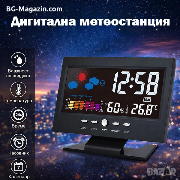 Електронна метеостанция с LED часовник дигитален термометър влагомер гласов контрол на батерии, снимка 1