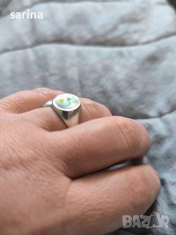 Сребърен пръстен с шарен камък, снимка 6 - Пръстени - 52935839