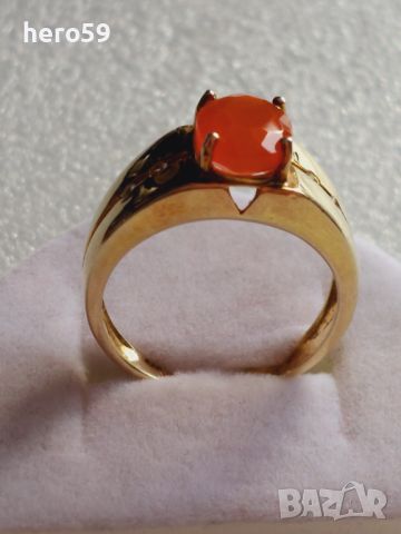 Позлатен сребърен пръстен с карнелиан, снимка 5 - Пръстени - 46475880