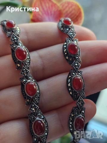 Винтидж сребърен комплект с Карнеол и марказити, снимка 7 - Колиета, медальони, синджири - 53905837