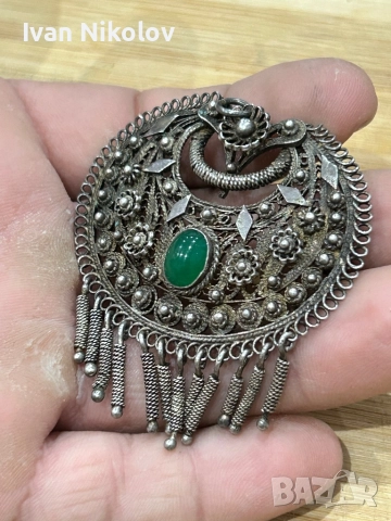 Стара голяма сребърна брошка, висулка филигран, снимка 1