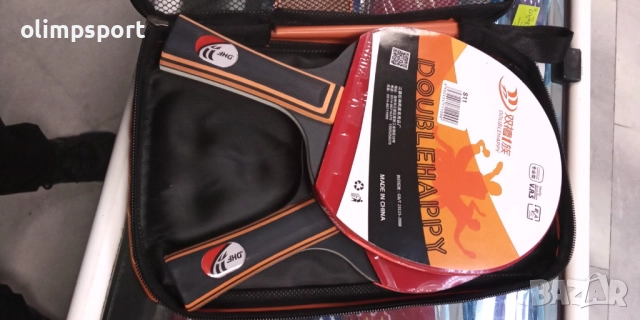 хилки за тенис на маса комплект Дабъл Хепи нападателни гуми 2.0мм гладки с фл дръжка 3 топчета калъф