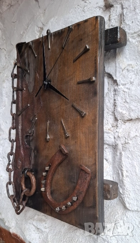Стенен Часовник Старо Дърво,Подкова,Клинци...-УНИКАТЬ, снимка 2 - Декорация за дома - 52682194
