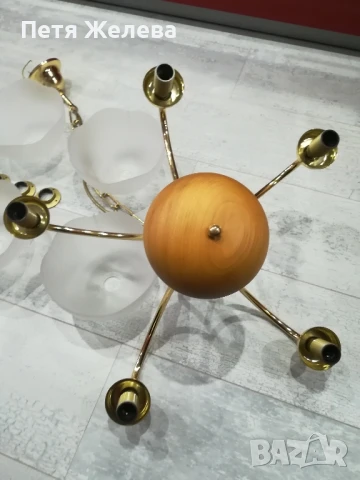Полилей 5 крушки-дърво,стъкло и метал/Австрия , снимка 8 - Полилеи - 50731985