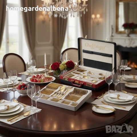 Луксозен комплект прибори Cheffinger – 72 части със златно/сребърно покритие + куфар