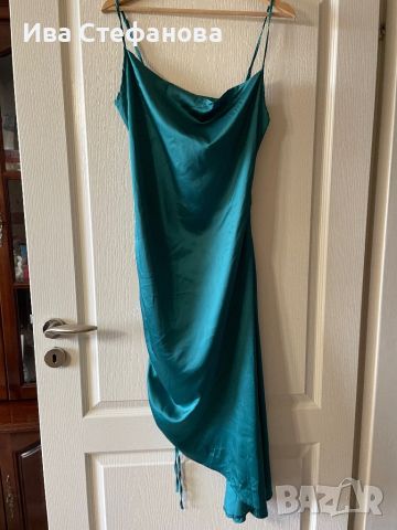 Нова парти коктейлна официална зелена сатенена набрана рокля 