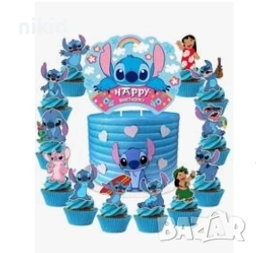 Стич stitch Happy Birthday дъга картонен топер украса за торта декор парти рожден ден