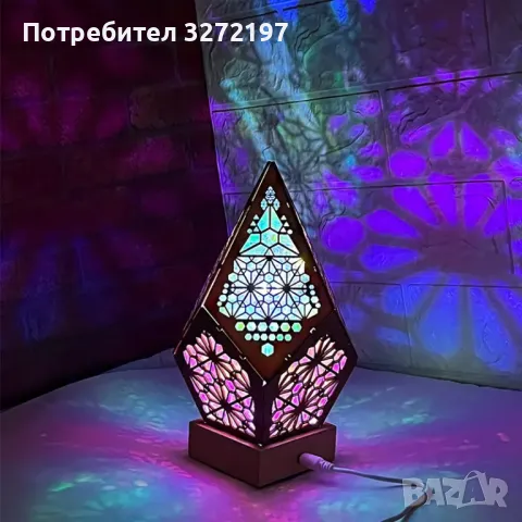 3D Дървена Бохемска Прожекционна Нощна Лампа,LED Цветни Диамантени Светлини, снимка 2 - Настолни лампи - 47982631