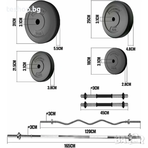 Комплект от 2 щанги + 2 дъмбели и плочи, 38 кг PHYSIONICS, снимка 4 - Фитнес уреди - 53745814