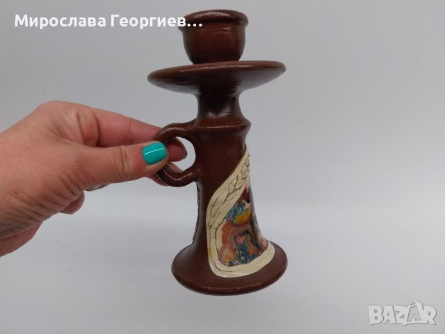 Керамичен свещник декориран с ръчно рисувана кожа, снимка 1 - Декорация за дома - 45941806