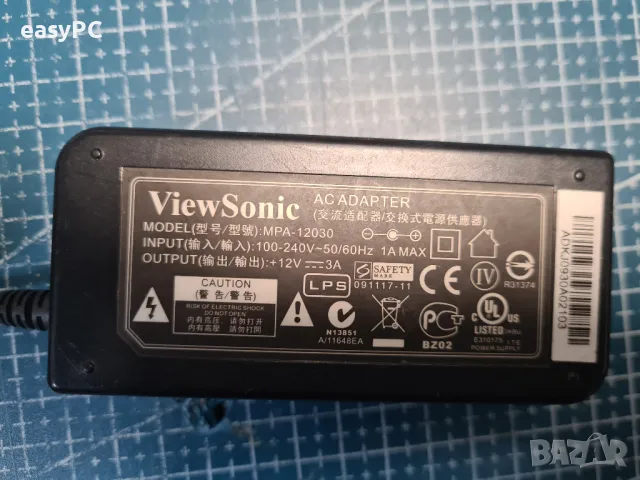 Оригинален захранващ адаптер VIEWSONIC MPA-12030 12V 3A 36W, снимка 1 - Друга електроника - 49097065