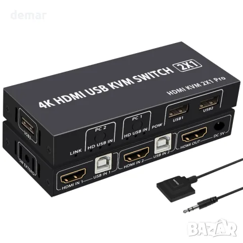 HDMI KVM превключвател 2 компютъра - 1 монитор 4K 60Hz, снимка 1 - Кабели и адаптери - 48434645