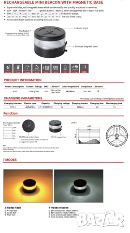 Аварийна сигнална лампа бежична презареждаща се батерия с магнит 12V-24V, снимка 2 - Аксесоари и консумативи - 53204365