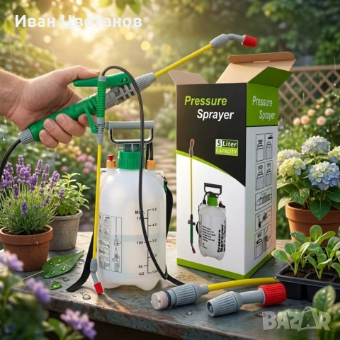 Ръчна градинска пръскачка под налягане 5L, 3 Bar – С регулируема дюза, предпазен клапан и презрамка