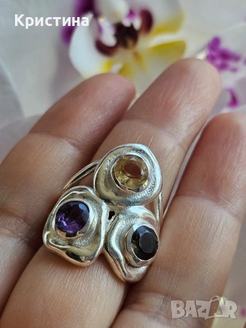 Красив сребърен пръстен с Цитрин, Аметист и Раухтопаз
