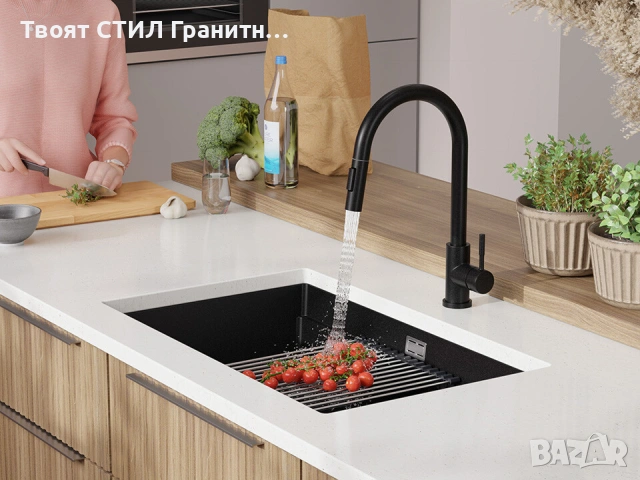Черна кухненска мивка за вграждане под плот Прага 80 Level 760 x 470 мм, снимка 6 - Мивки - 53994835