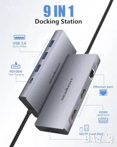 Нов хъб 9 в 1 USB-C докинг станция с 4K HDMI и Gigabit Ethernet USB C адаптер, снимка 2 - Друга електроника - 49451185