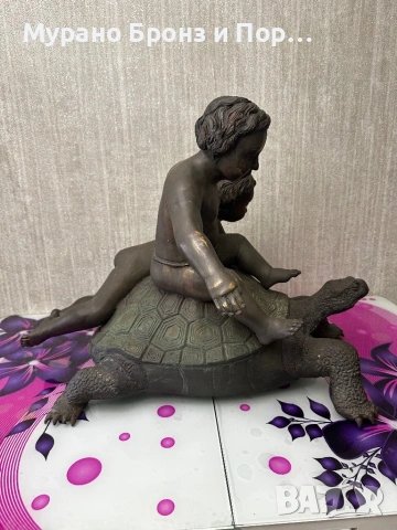 Уникална бронзова скулптура "Деца върху костенурка" – 18 кг (68 см х 52 см), снимка 6 - Антикварни и старинни предмети - 53464439