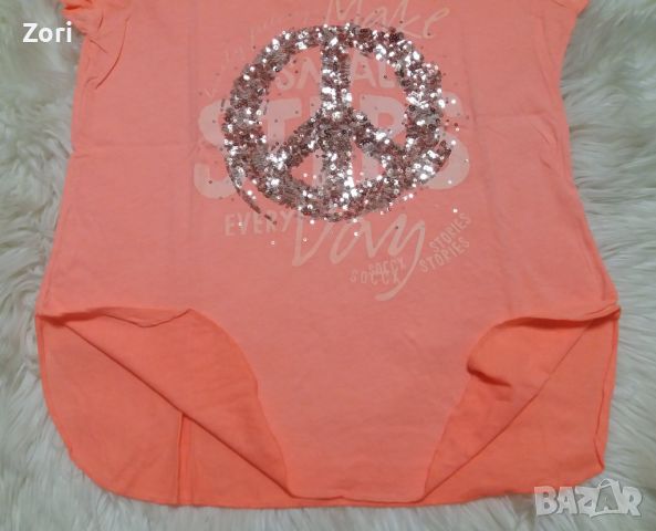 УНИКАЛНИ Блузи в неонов оранжев цвят с щампа със сребристо-златисти пайети до 3ХЛ, снимка 4 - Тениски - 45445095