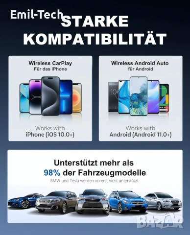 Безжичен CarPlay / Android Auto адаптер – Bluetooth 5.4, WiFi 6, USB-A/USB-C, нов, снимка 2 - Аксесоари и консумативи - 54045587