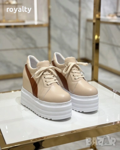 Кецове на платформа - бежови с кафява лента, снимка 2 - Кецове - 54028811