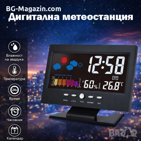 Електронна метеостанция с LED часовник дигитален термометър влагомер гласов контрол на батерии